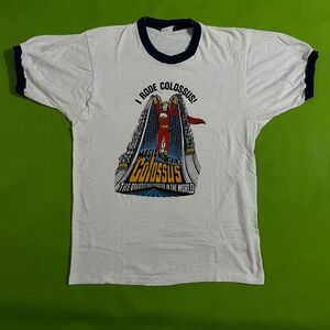 Vintage 70s 80s Magic Mountain Colossus Ringer‎ T-Shirt White Navy Small USA